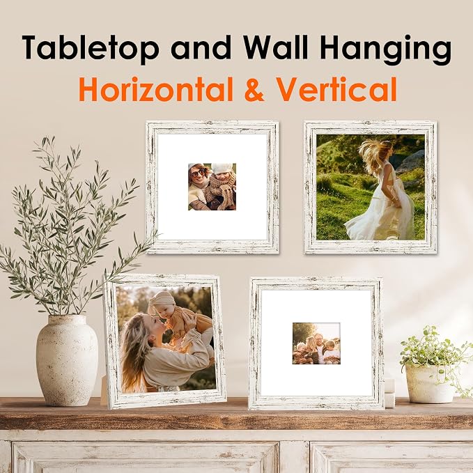 FIXSMITH 8x8 Picture Frame 2 Pack, Distressed White Photo Frame with HD Plexiglass, Display Pictures 6x6 with Mat or 8x8 Without Mat, Distressed White Multi Picture Frames Collage for Tabletop or Wall Display
