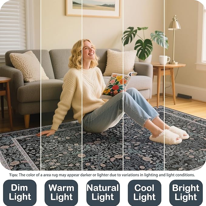 Washable 2'6" x 10' Runners for Hallways, Non Slip Long Floor Runner for Kitchen, Entryway Indoor, Stain Resistant Rubber Backing Floral Decor Rug (Black)