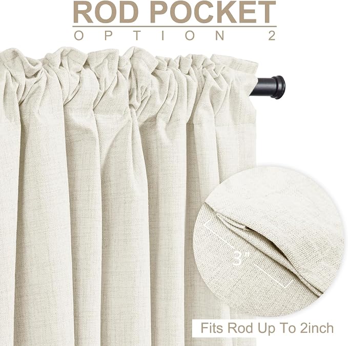 100% Blackout Shield Linen Blackout Curtains for Bedroom 96 Inches Long, Back Tab/Rod Pocket Living Room Drapes, Thermal Insulated Blackout Curtains 2 Panels Set, 50" W x 96" L, Beige White