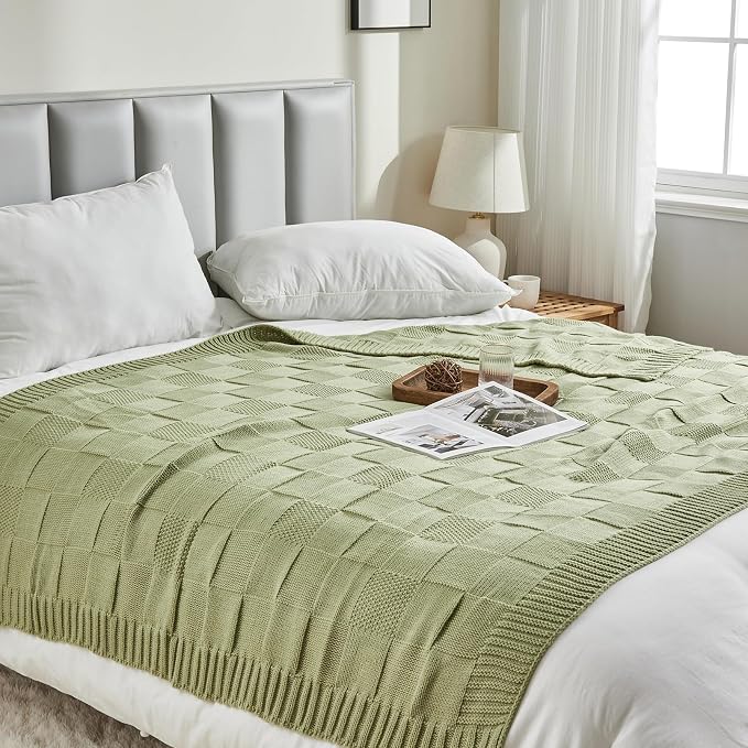 CozeCube Sage Green Knitted Checkered Throw Blanket 60"X80" | Check Knit Throw for Couch, Decorative Christmas Soft Cozy Warm Blanket for Bed Sofa Living Room