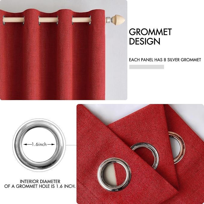 MIULEE 100% Blackout Linen Curtains for Bedroom Thermal Insulated Red Grommet Room Darkening Curtains & Drapes Christmas Decor for Living Room 52 x 84 Inch (2 Panels)