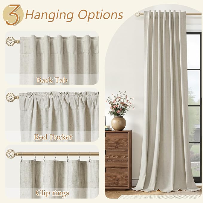 Guken Extra Long 100% Blackout Linen Curtains for Bedroom 102 inches Long, Thermal Insulated Room Darkening Black Out Drapes for Living Room, Back Tab Rod Pocket 2 Panels Set,Eggshell Beige,52x102