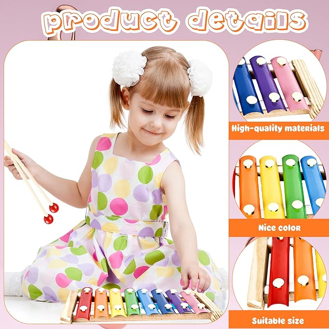 8 Sets Wood Xylophone for Kids Musical Toy Instrument with 16 Pcs Mallets Wooden Percussion Kit for Preschool Toddlers Educational Music Learning
