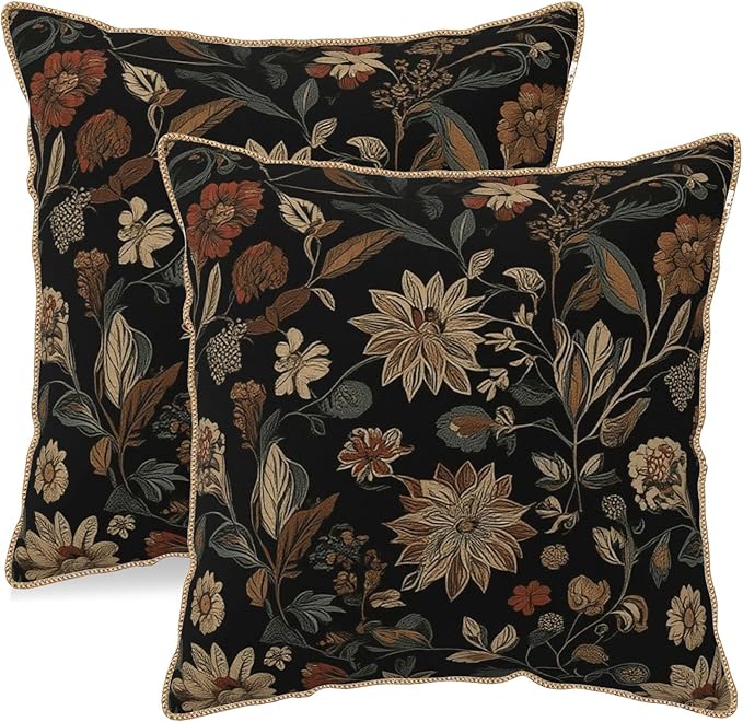 KSLIDS Vintage Floral Brown Black Soft Velvet Throw Pillow Covers Set of 2 Retro Boho Flower Leaves Decorative Pillow Covers 18x18 Inch Bohemian Pillow Case for Sofa Couch Farmhouse Home Decor