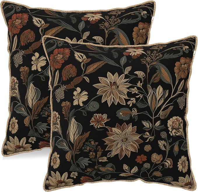 KSLIDS Vintage Floral Brown Black Soft Velvet Throw Pillow Covers Set of 2 Retro Boho Flower Leaves Decorative Pillow Covers 20x20 Inch Bohemian Pillow Case for Sofa Couch Farmhouse Home Decor