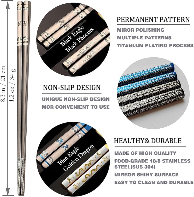 Stainless Steel Chopsticks with Case,2 Pairs Metal Blue Eagle Black Phoenix | Reusable,Portable,Come in a Set,Durable Case lightweight,Beginner friendly, Suitable for School,Home,Office,Bento Box