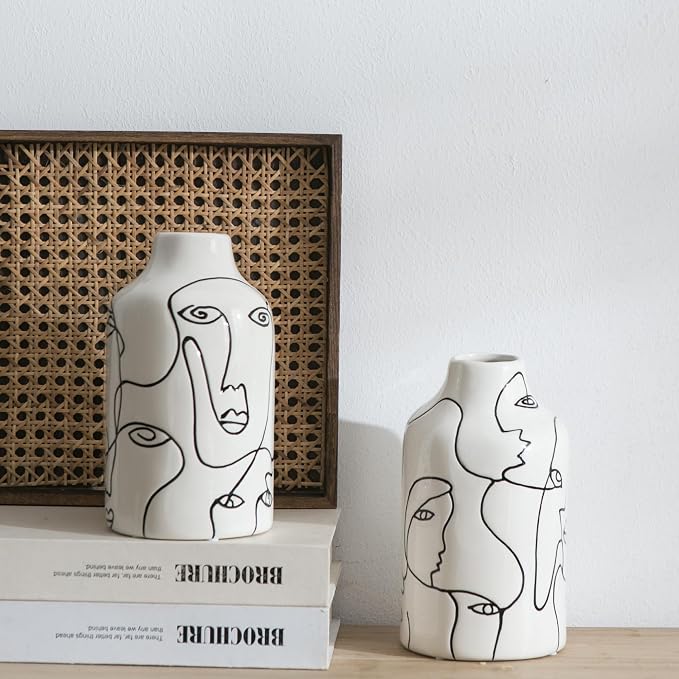 Kimdio Ceramic Vase Set, 2pcs White Abstract Irregular Design Flower Vases, Modern Home Decor Living Room Decor Minimalist Decorative Vase for Pampas Grass