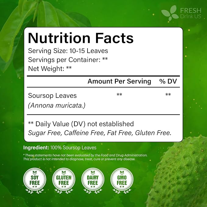 FreshDrinkUS, Premium 8oz Soursop Dried Leaves Loose Leaf Tea – 100% Pure Annona Muricata Leaves, Naturally Dried, Caffeine-Free Herbal Tea for Daily Enjoyment. Sugar-Free. Vegan