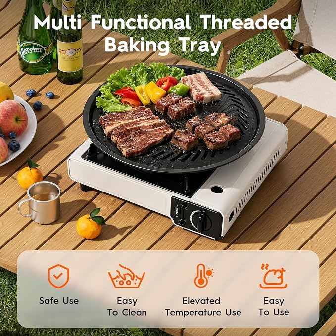 Korean BBQ Grill Pan, Nonstick 13.5" Round Indoor Grill Pan Smokeless Cast Aluminum Includes Food Tongs & Grill Plate Handle, Outdoor Camping Grilling, Picnic Cooking