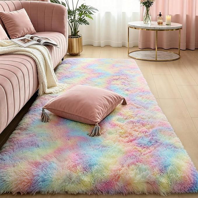 KICHOWUA KCHOWUA Rainbow Unicorn Thick Fluffy Fuzzy Rug 2x6, 2 Pcs Washable | Soft shaggy area rug non slip for girls bedroom, princess kids room, living room, nursery, dorm, and classroom