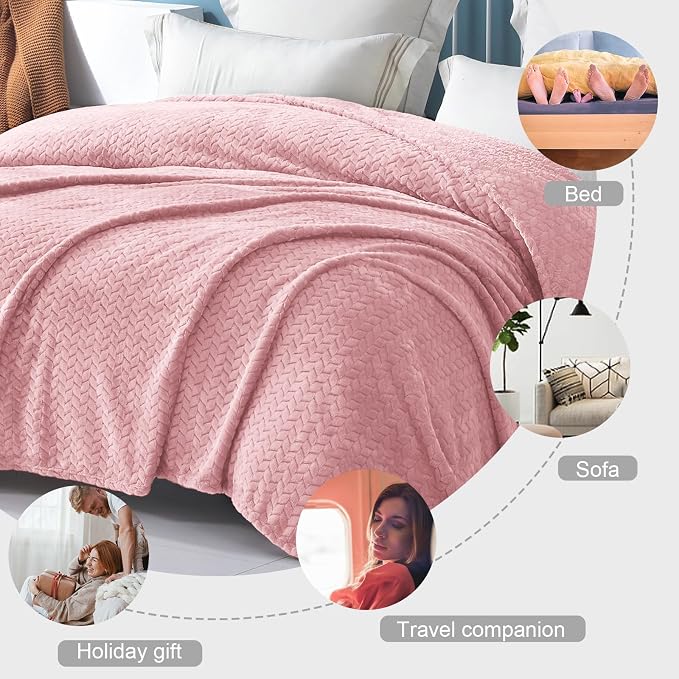 Exclusivo Mezcla Soft Fleece Bed Blanket Twin Size, 60”x80”, Pink | Cozy Fluffy Lightweight Blankets for Summer, Decorative Plush Flannel Throws for Living room, Bedroom with Leaves Pattern