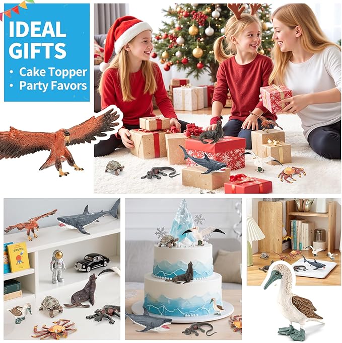 8PCS Large Galapagos Island Animal Figurines Set, Realistic Giant Tortoise Sea Animal Toys Includes Shark, Hawk, Crab, Sea Lion, Blue-Footed Booby, Educational Toys for Toddlers Kids