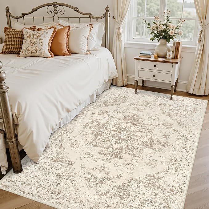 4x6 Area Rugs for Living Room: Vintage Boho Neutral Washable Rug Indoor Soft Large Area Rug Carpet for Bedroom Nursery Farmhouse Dining Room Office Floor Non-Slip Low Pile Under Table Rug Beige/Ivory