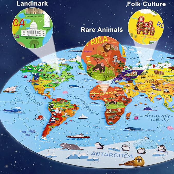 World Map Jigsaw Puzzle for Kids 4-8, 70 Piece Large Round Floor Puzzles for Kids Ages Toddler Puzzle Globe Geography Games Educational Toys Birthday for Children
