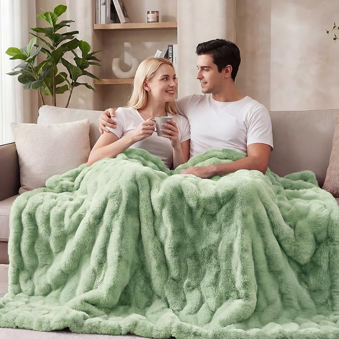 ORINOVA Sage Green Throw Blanket for Couch, 50x60 Ultra Soft Faux Rabbit Fur, Fuzzy Fluffy Plush Bubble Texture, Cozy Warm Reversible Sofa and Bed Cover, Living Room Decor, Gifts for Women