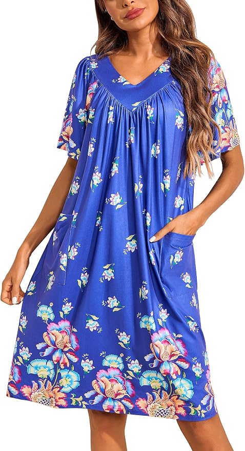 Ekouaer Womens House Dress Floral Print Nightgown with Pockets Mumu Dress