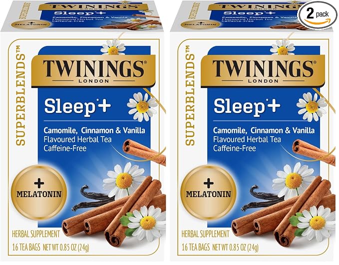 Twinings Superblends Sleep+ Herbal Tea with 1mg Melatonin Camomile, Cinnamon & Vanilla, Naturally Caffeine-Free, Enjoy Hot or Iced, 16 Tea Bags (Pack of 2)