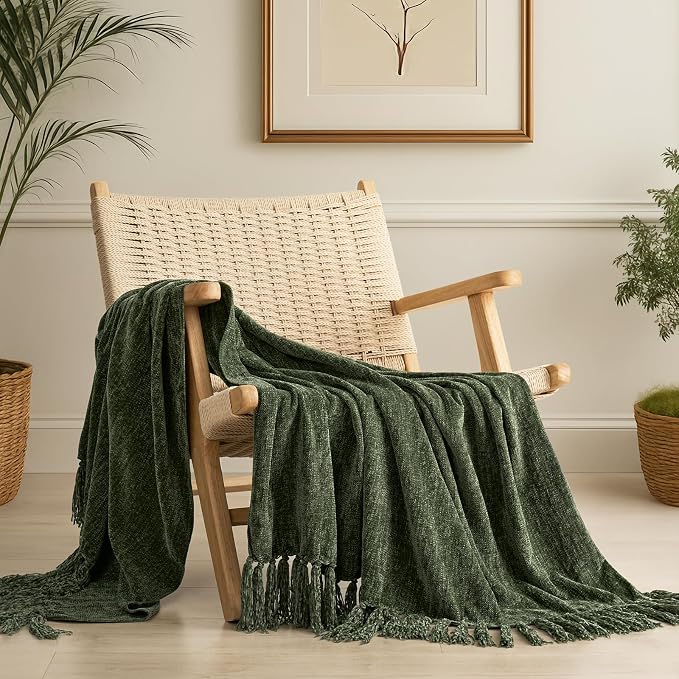 Chenille Knit Throw Blanket for Couch, 60"x80", Olive Green | Cozy Plush Fuzzy Knittd Throw with Tassels, Lightweight, Decorative, Farmhouse Decor, Ideal for Bed Sofa Gift, All Seasons