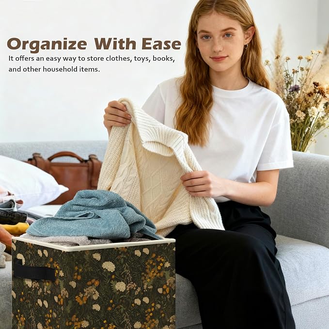 Vintage Rustic Floral Storage Box Bins, Dark Cottagecore Wildflower Collapsible Storage Basket Organizer for Bedroom Laundry Room Home Clothes Books, Decor for Room