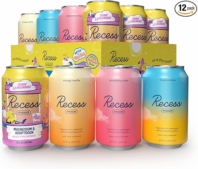 Recess Mood Magnesium & Adaptogen Drink, Relaxation Beverage, 12 ounce (Out of Office Sampler, 12 pack)