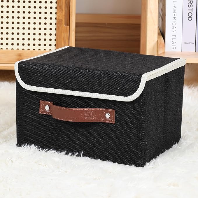ANMINY Fabric Storage Box Bins with Lids, Black, 10"x8"x7" | Keepsake Memory Storage, Cotton Linen, PP Board Reinforced, Washable, PU Handles, Foldable & Stackable, Decorative, Small