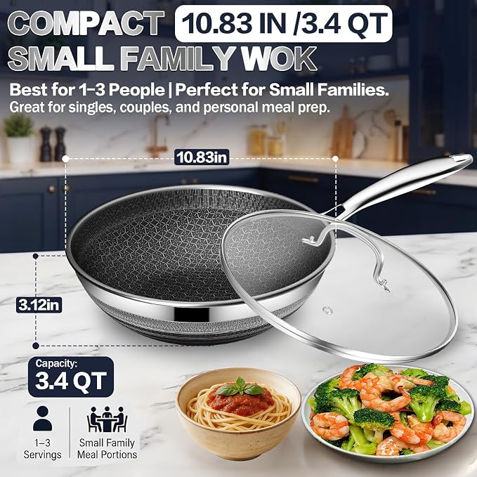 Woks & Stir-fry Pans Nonstick - Hybrid 304 Stainless Steel Wok 10.8" Non Stick Wok Pan with Lid for Induction, Electric, Gas, All Stoves, PFOA Free Cookware, Dishwasher and Oven Safe