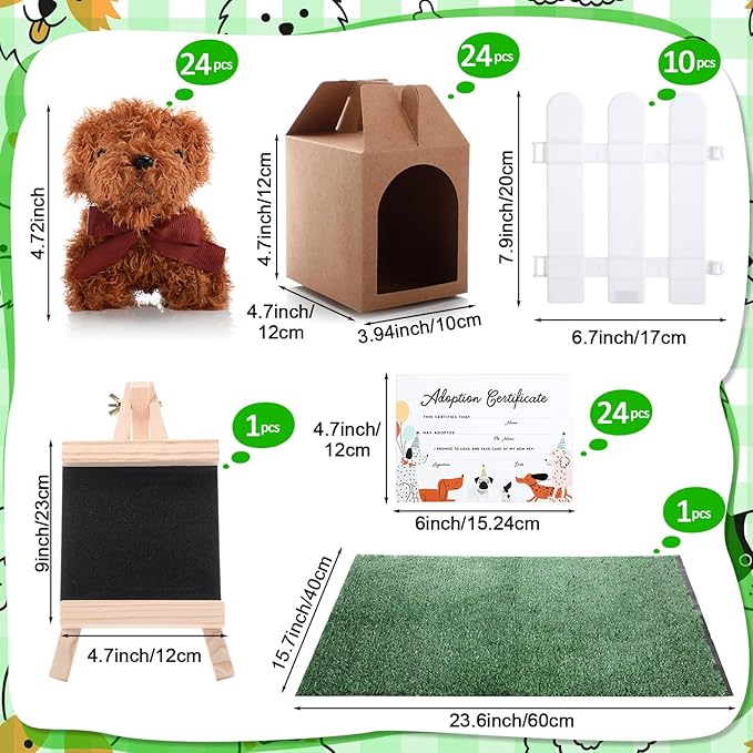 84 Pcs Adopt a Pet Party Favors 24 Mini Plush Stuffed Animals 10 White Plastic Fence 24 Paper Gift Boxes 24 Adoption Cards with Mini Chalkboard and Artificial Lawn(Puppy)
