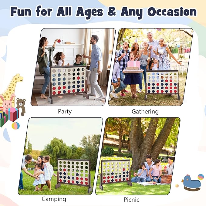 Costzon Giant 4-in-a-Row Game Set, Wooden Jumbo 4-to-Score Game with 42 PCS Chips & 600D Oxford Fabric Carrying Bag, Indoor Outdoor Line-up-4 Game for Kids & Adults, Ideal for Camping (Natural)