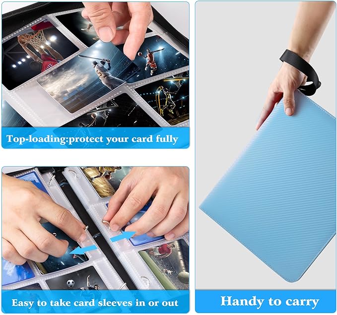 WOT I Trading Card Binder, 900 Pockets Baseball Card Binder Sleeves with Zipper, Double Sided Pockets Card Holder Carry Card Case for Baseball Card, Football Card(Light Blue), WO-CB-9-8