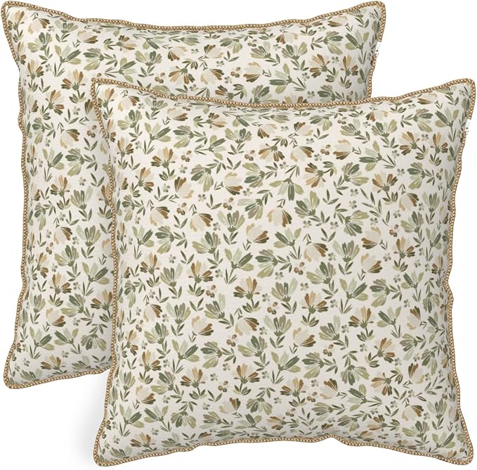 KSLIDS Sage Green Beige Floral Soft Velvet Throw Pillow Covers Set of 2 Vintage Brown Flower Decorative Pillow Covers 18x18 Inch Rustic Pillow Case for Sofa Couch Bedroom Farmhouse Home Decor