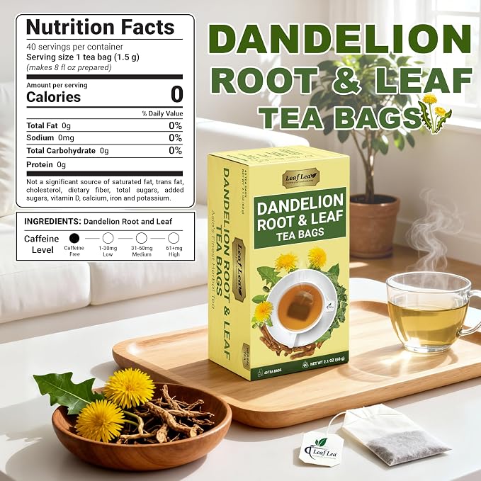 LeafLea Dandelion Root & Leaf Tea Bags, Premium Herbal Tea, 120 Count | Natural Dandelion Root Tea Blend With Leaves, Te De Diente De Leon, Caffeine-Free, Sugar-Free, Vegan, 3 Pack