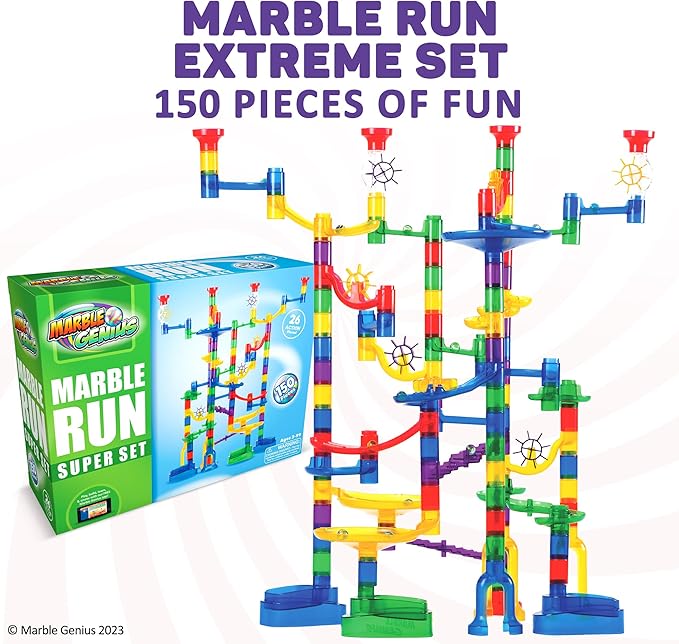 Marble Genius Marble Run - 150 Complete Pieces Maze Track Toys for Adults, Teens, Toddlers & Kids Aged 4-8 Years Old, (85 Translucent Marbulous Pieces + 65 Glass-Marble Set), Super Set