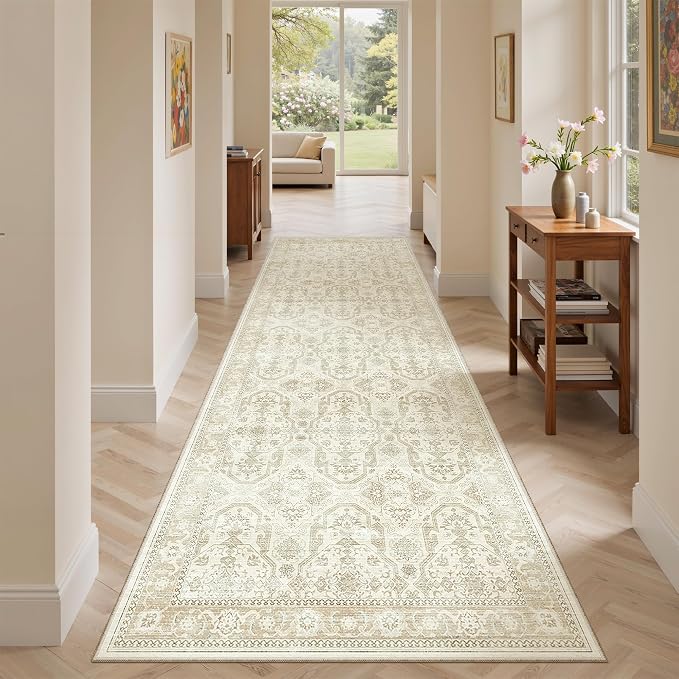 Soalmost Washable Runner Rug 2'6"x8' Kitchen Hallway Runners Beige/Brown | Soft Non-Slip 2.5x8ft Carpet for Entryway Bathroom, Low Pile Vintage Foldable Floor Mat for Corridor Laundry Room Bedroom