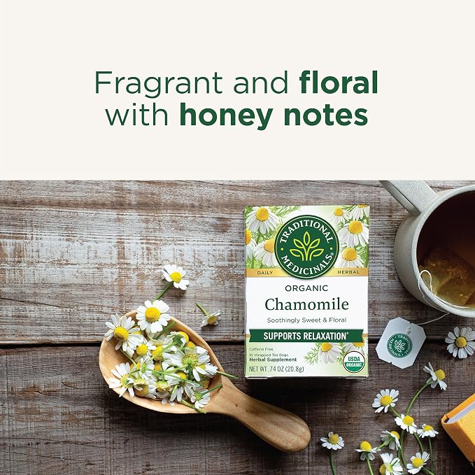 Traditional Medicinals Organic, Chamomile Tea - Supports Stress Relief and Relaxation - Kosher, Non-GMO, Caffeine-Free, Compostable - 16 Tea Bags
