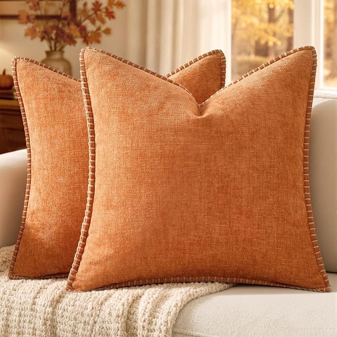 MIULEE Fall Decorative Couch Throw Pillow Covers 20x20 Inch Orange 2 Pack | Farmhouse Pillow Covers with Stitched Edge, Soft Chenille Cushion Cases, for Sofa Bed Living Room Home Decor