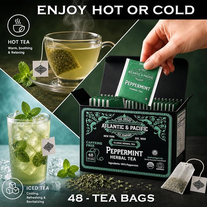 A&P Coffee Peppermint Tea Bags, 48 Count, Refreshing Mint Herbal Tea, Naturally Caffeine Free, Hot or Iced Tea, Premium Organic Tea Bags, Fresh Aroma, Smooth Taste