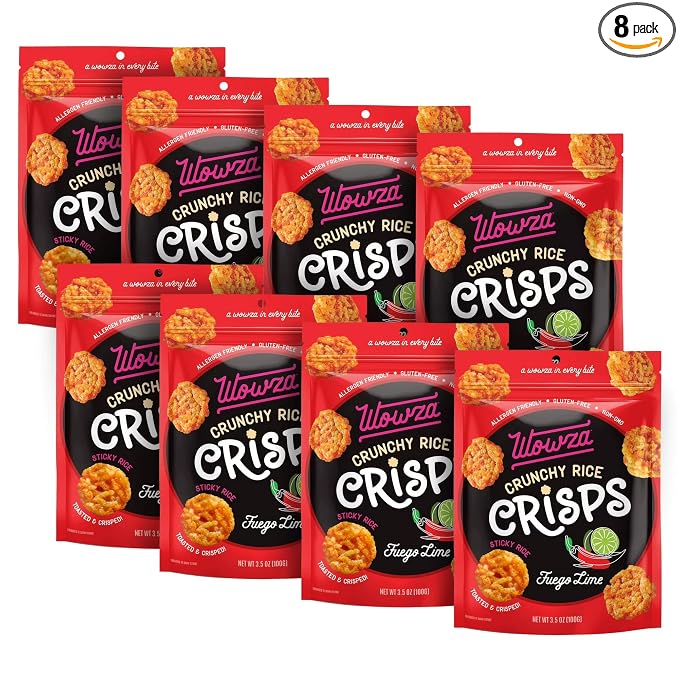 Wowza Fuego Lime Crunchy Rice Crisps | Spicy Gluten Free, Non-GMO, 8 Pack | Spicy lime flavor, Healthy chip alternative, Kid-friendly, 3.5 oz bags, No artificial flavors, Allergen-friendly, Bold heat