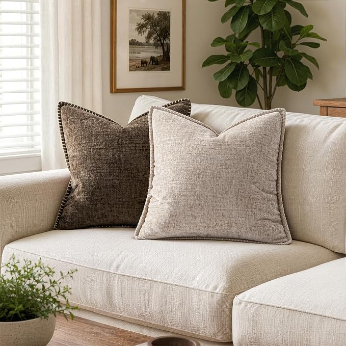 MIULEE Decorative Couch Throw Pillow Covers 18x18 Inch Taupe 2 Pack | Farmhouse Pillow Covers with Stitched Edge, Soft Chenille Cushion Cases, for Sofa Bed Living Room Home Decor