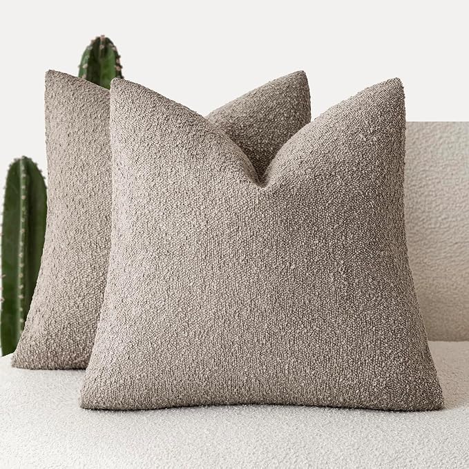 Foindtower Set of 2, Decorative Textured Boucle Throw Pillow Covers Accent Solid Pillow Cases Neutral Soft Cozy Couch Cushion Case for Chair Sofa Bedroom Living Room Home Decor 26x26 Inch Light Taupe
