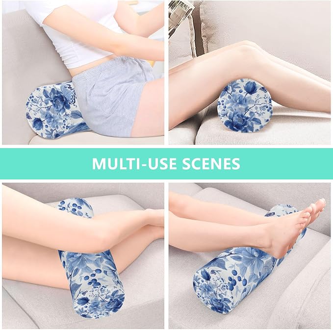 Blue White Flower Neck Roll Pillow Bolster Round Health Memory Foam Long Cervical Roll Cylinder Pillows with Removable Washable Cover for Body Bed Legs Back Yoga