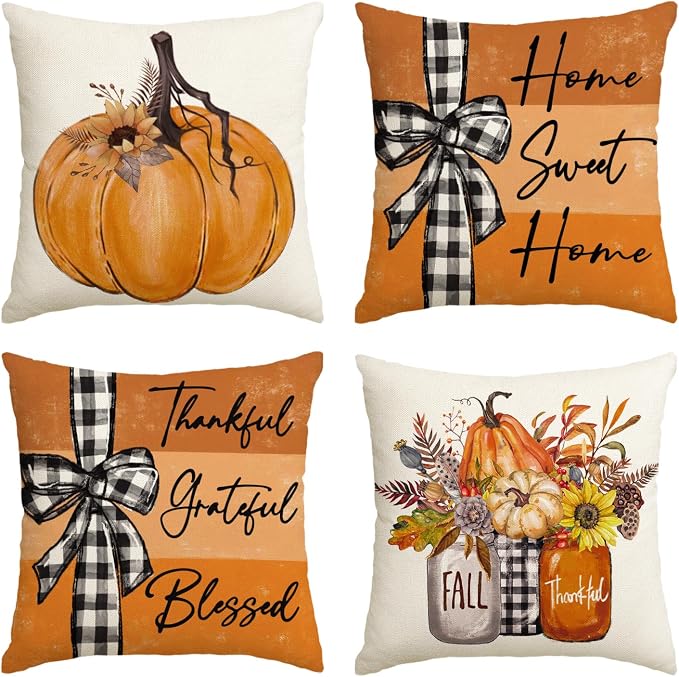 AVOIN colorlife Fall Pumpkin Home Sweet Home Throw Pillow Covers, 20 x 20 Inch Autumn Thankful Grateful Blessed Harvest Floral Orange Decorations for Sofa Couch Set of 4
