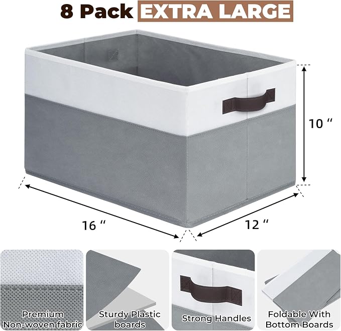 8 Pack Closet Organizers and Storage Bins - Extra Large Storage Baskets for Organizing - Clothes Storage Bins for Shelves -Foldable Organizer Bins Totes for Toy Blanket, Dorm Room Essentials