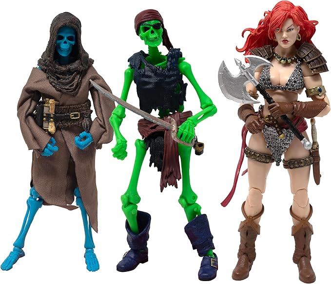 Boss Fight Studio Epic H.A.C.K.S. Red Sonja Deluxe Action Figure with Grim Spectre & Pirate Skeletons – Set of 3 Highly Articulated Collectible Figurines – Interchangeable Parts & Accessories – 1:12