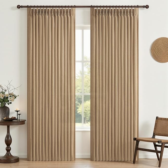 Pleated Linen Rust Brown Curtains 84 Inches Long 2 Panels Set for Bedroom, Memory Trained Pinch Pleat Light Filtering Semi Sheer Window Drapes Living Room Rustic Curtain 84 Inch Length with Back Tab
