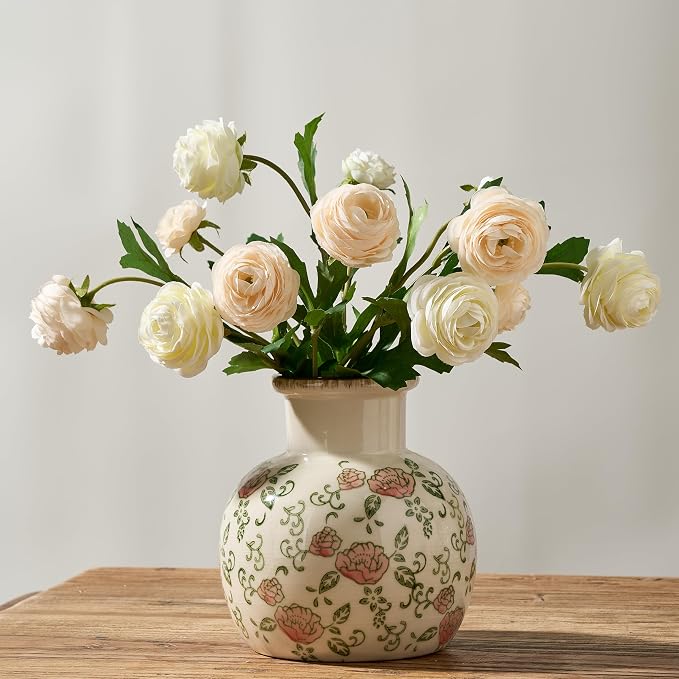 SIDUCAL Ceramic Vintage Vase, 5.91 Inch Retro Ice Cracked Chinoiserie Floral Vase, Rustic Farmhouse Vases for Home Decor, Bookshelf, Garden, Chinoiserie Decor, Tuscan Decor, Red Rose Pattern