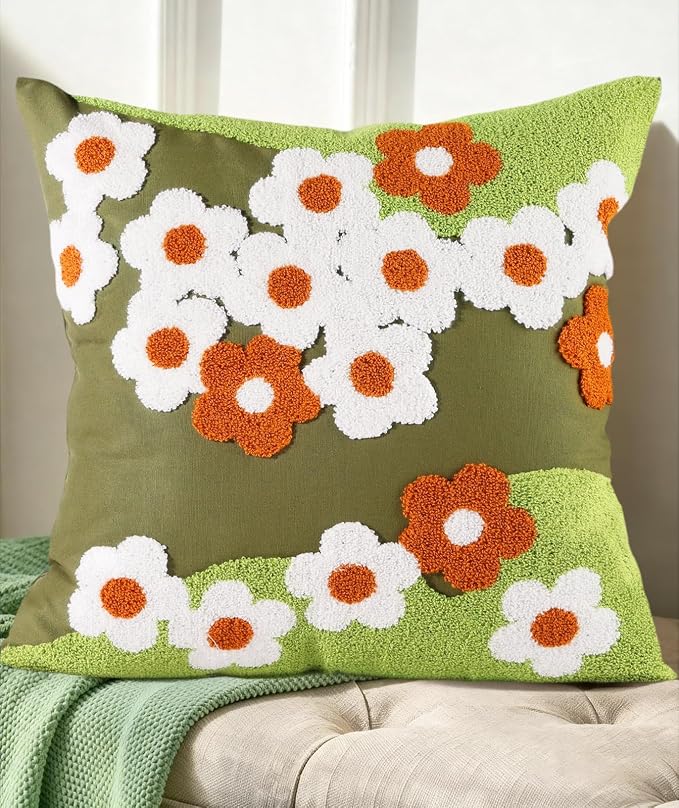 Embroidered Throw Pillow Cover - 18x18 Decorative Pillow Cover with Zipper Aesthetic Cute Design Boho Spring Summer Cozy Throw Pillowcase for Living Room Couch Sofa Bed, Green Flowers