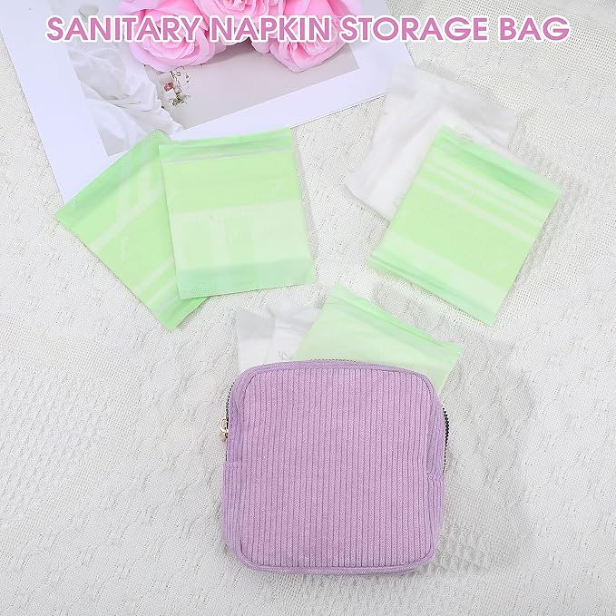 Feminine Menstrual Care Bags for Teen Girls, Mini Corduroy Period Bag for Storing Sanitary Napkins Portable Makeup Pouch with Zipper Cosmetic Bag Tampon Pad Holder for Women Travel Purse (Purple)