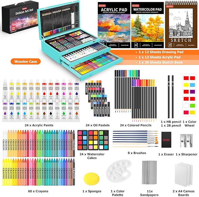 Soucolor Art Supplies, 192-Pack Deluxe Art Set Drawing Painting Supplies Art Kit with Acrylic Pad, Watercolor Pad, Sketch Book, Canvases, Acrylic Paint, Crayons, Pencils, Gifts for Artists Adults Kids