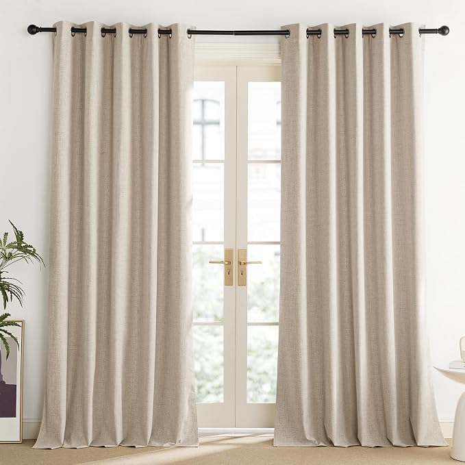 NICETOWN Cream 100% Blackout Linen Curtains 90 inch Long Burg for Living Room, 1 Pair, 62" Width Each Panel, Farmhouse Thick Completely Blackout Window Treatment Thermal Insulated Drapes