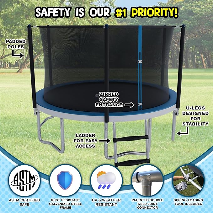 Outdoor Kids Trampoline with Heavy Duty Galvanized Rust Resistent Steel Frame: Safety Enclosure Net and Foam Pad, Meets ASTM Safety Standard
